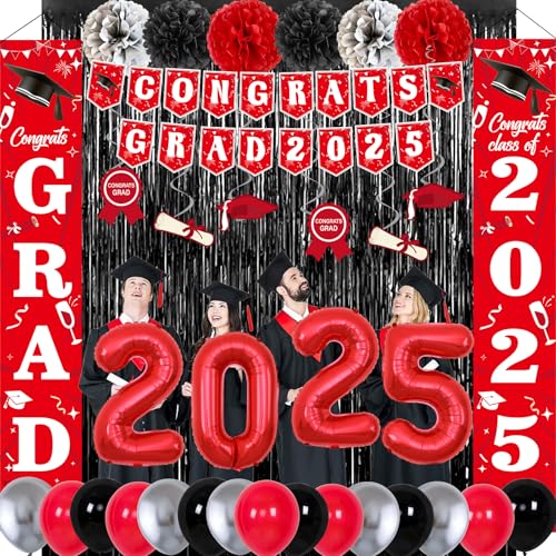 2025 Abschlussdekorationen, rote und schwarze Abschluss-Party-Dekorationen, Klasse von 2025, Congrats Grad Banner Tür Veranda Schild Rot und Schwarz Abschlussballons Folie 2025 Luftballons von Perpetily