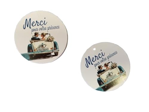 50 Etiketten für Hochzeitsgeschenke, 6 cm, Aufschrift "Merci por votre présence¨ (Hochzeitsauzeug) von Personal labels since 1999