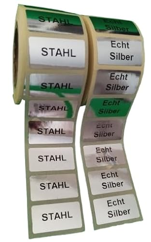 1000 Stück Schmuckaufkleber 500 Echt Silber, 500 Stahl von Personal labels