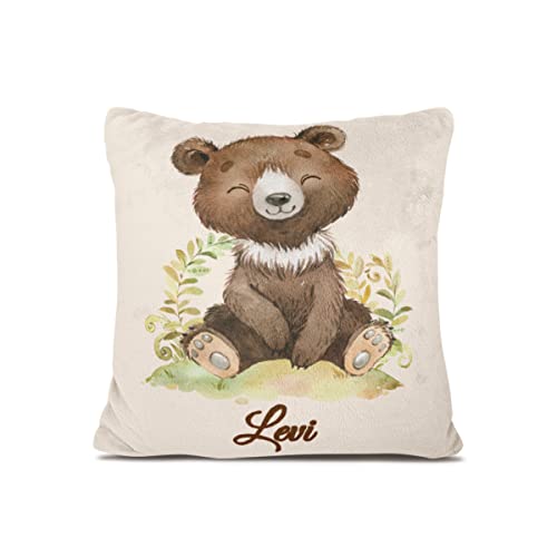 Personalisiertes Babykissen mit Tierdruck – weiches Fleecekissen mit Namen und Datum zur Taufe oder Geburt – Babygeschenk oder Geburtskissen - Kinder Kissenbezug - Kopfkissenbezug (Braunbär) von Personalisedog