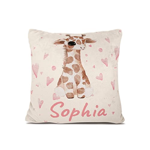 Personalisiertes Babykissen mit Tierdruck – weiches Fleecekissen mit Namen und Datum zur Taufe oder Geburt – Babygeschenk oder Geburtskissen - Kinder Kissenbezug - Kopfkissenbezug (Giraffe) von Personalisedog