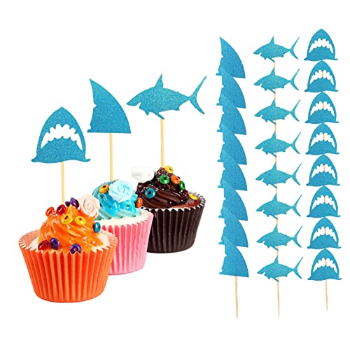 Haifischkuchen -Topper Glitzer Haifisch Flossen Cupcake Picks Pool Party Lieferungen Babyparty Geburtstagsdekorationen Blau 24pcs, Cupcake Toppers von Pesoncarl