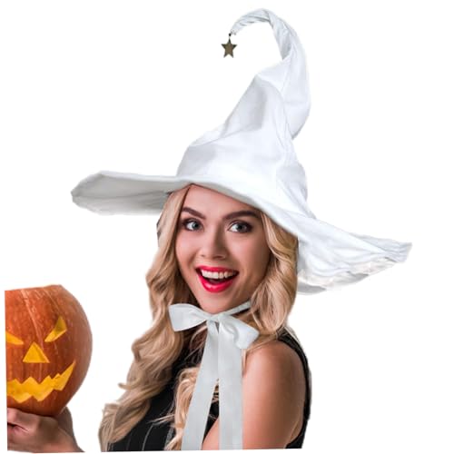 Kids 'Party Supplies, weißer Hexenhut mit weit angenehmigten Flachmiss-Witch-Hut Erwachsener mit elastischen Kordelkordel und Sternanhänger falten Halloween-Accessoires für Party-Cosplay-Kleid von Pesoncarl