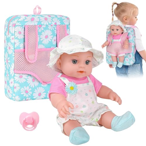 Pesoncarl Babypuppen mit Blumenrucksackträgern, 12 Zoll realistische Babys Puppen mit tragbaren Kleidung und Nippelzubehör für Kinder Girls Geschenke von Pesoncarl