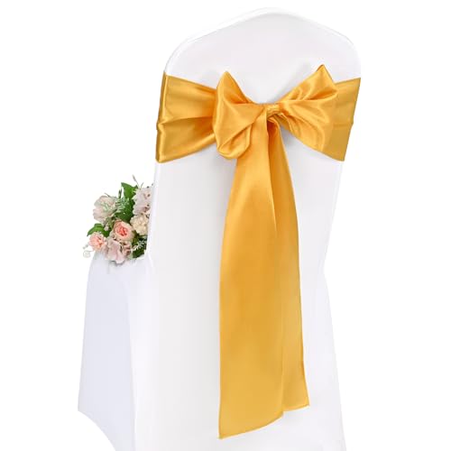 Pesonlook 50 Stück Gold Satin Stuhlschärpen Stuhl Dekorative Schleife Entworfene 17 x 275 cm Stuhlschärpen Schleife Krawattenband für Hochzeit Party Hoteldekoration (Gold) von Pesonlook