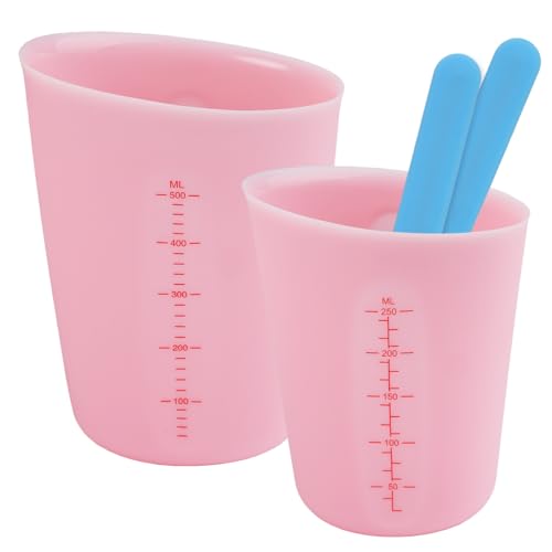 2 Messbecher aus Silikon, 250/500 ML Silikon Messbecher Gießpulver mit Transparenter Skala Silicone Measuring Cups for Resin, Rosa Silikonbecher mit Silikon-RüHrstab für Handwerk, Labor, Küche von PetGlimmer