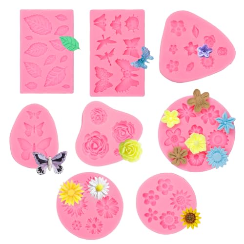 8 Stück Silikonformen Blumen, 3d Silikonform Blumen, Stampo Silicone Fiori Rose Stampi, Gänseblümchen Blume Schmetterling Blatt Sonnenblume Silikonform, Verwendet für Kuchen, Dessert Dekoration, Seife von PetGlimmer