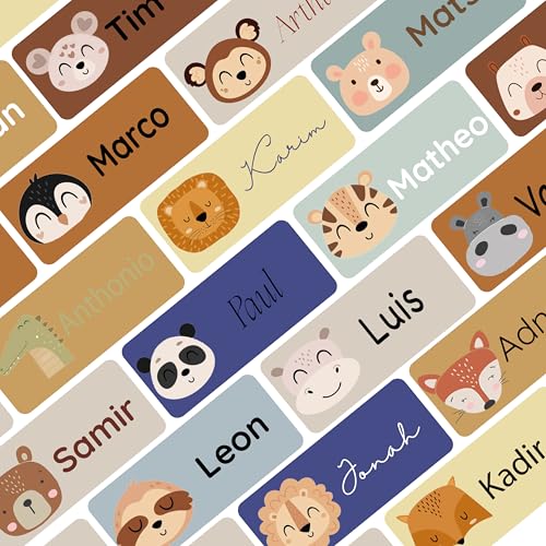 Namensaufkleber für Kinder, Schule, Kindergarten, Kleidung & Gegenstände, Namensetiketten personalisiert mit Namen und waschmaschinenfest (Cute Animals Face - Whale Blue, 150) von Petite Print