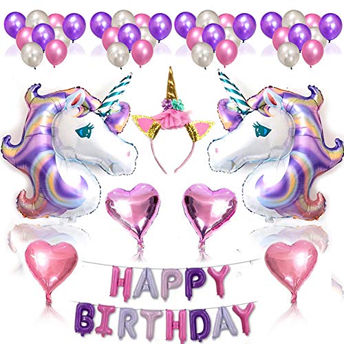 Petsoigné 56Pcs Einhorn Luftballons Geburtstag Set Einhorn Party Deko mit Einhorn Stirnband (Lila) von Petsoigné