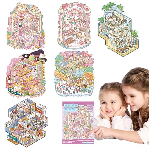 Peufcmi Aufkleberraumszene, Miniatur -Szenenaufkleber, Kreatives No-Cut Cartoon House Decal, Relief Stress Pass der Zeitaufkleber, Kinder lustiges Buch für Zuhause, Schule, Junge von Peufcmi