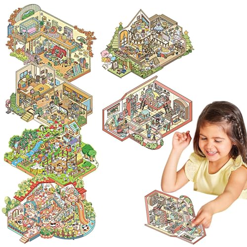 Peufcmi Miniatur -Szenenaufkleber, Miniatur -Szenenaufkleberbuch, Kreatives No-Cut Cartoon House Decal, Relief Stress Pass der Zeitaufkleber, Kinder lustiges Buch für Zuhause, Schule, Junge von Peufcmi