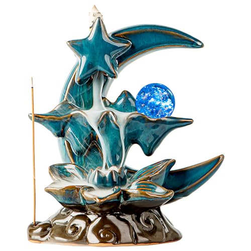 Pevfeciy Rückfluss räuchergefäß Wasserfall Verlaufs Keramik Räucherstäbchenhalter mit Glasperle Backflow Incense Burner für Exquisite Dekorationen in Wohnzimmer, Arbeitszimmer, Foyers H17cm,Blau von Pevfeciy