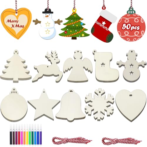 Pextian 50 Stück Hölzerne Weihnachtsbaumdekoration, 10 Stile Unbehandeltes Holz mit Stift, Edelstein- und Sternaufklebern, baumschmuck weihnachten für Kinder von Pextian