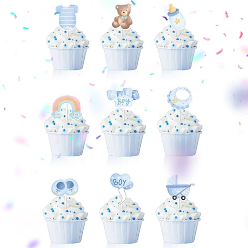 18 Stück Cupcake Topper Baby für Boy, Babyparty Tortendeko Taufe Junge, Babyparty Fotorequisiten Junge, Photo Booth Props fur Baby Part, Baby Muffin Deko Blau für Taufe Deko,Baby Shower,Babyparty von Peysaitr