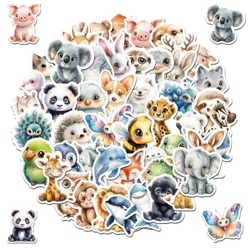 50 Stück Tiere Sticker Set, Vinyl Stickers mit Niedlichen Aquarellen Tiere Motiven, Aufkleber Waldtiere, Wasserdichte Sticker für Kinder Mädchen Scrapbooking Fotoalbum Geschenke von Peysaitr