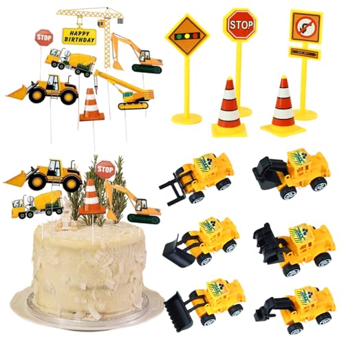 Baustelle Geburtstag Tortendeko, 17 Stück Bagger Spielzeugauto Deko, Tortenaufleger Deko, Verkehrsschilder Torte Kuchen Deko, Tortendeko Cartoon, Geschenke für Kinder Junge von Peysaitr