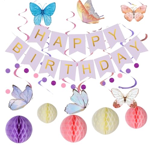 Lila Geburtstag Deko, Happy Birthday Banner, Lila Luftballons, Schmetterling Aufkleber und Kreis Punkt Papier Girlande, Premium Geburtstag Party Dekorationen Set für Mädchen Frauen von Peysaitr