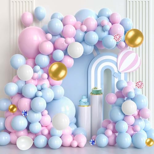 Luftballons Rosa und Blaues Set, 51Stück 12 Zoll Pastell Weiss Rosa Blau Konfetti Latex Ballon mit Band, Bunt Konfetti Luftballon für Jungen, Mädchen, Kinder Geburtstag, Hochzeit,Jahrestag Dekoration von Peysaitr