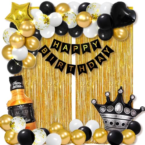 Schwarz Gold Partydeko Geburtstag Set, Schwarz und Gold Luftballons Geburtstag, Gold Schwarz Happy Birthday Banner Girlande Pompons Lametta Vorhang, für Mann Frauen Geburtstag Dekorationen von Peysaitr