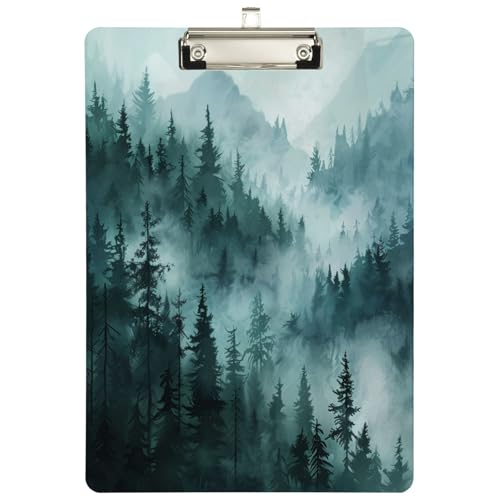 Lebensechte niedliche bedruckte Acryl-Klemmbretter, neblige Berge, Wald, Bäume, Grün, individuelles niedriges Profil, Metall-Klemmbrett für Standardbriefgröße, Restaurant, Männer, Frauen, Studenten, von Peystean