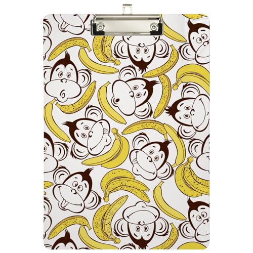 Peystean Funny Happy Monkey Bananen-Klemmbrett aus Acryl mit niedrigem Profil-Clip, Standard-A4-Briefgröße 31,8 x 22,9 cm, für Studenten, Büro, Schule, Lehrer, Krankenschwestern von Peystean