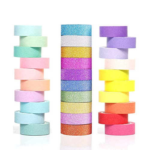 Phantomon 30 Rollen 15 mm Washi Tape Set 0,6 cm breit dekoratives Masking Tape Mehrzweck-Klebeband in solider, glitzernder Regenbogenfarben Tape DIY Nähen (Regenbogen) von Phantomon