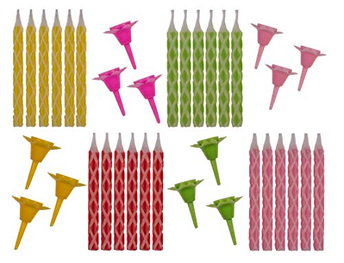 Bunte Geburtstagskerzen - 24 Kerzen mit 12 Haltern - 7 cm hoch - gelb, grün, pink, rot von PhiLuMo