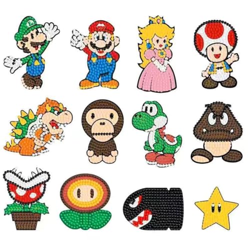 Cartoon Diamond Painting Set Kinder, 12 Stück Gaming Diamont Painting Sticker, DIY Diamonds Painting Aufkleber, Crystal Art Buddies mit Werkzeugen, Anime Diamantmalerei für Jungen Mädchen Geburtstag von Philoctes