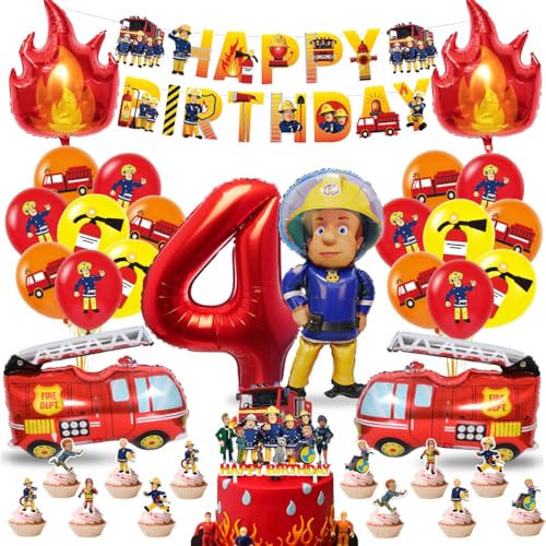 Feuerwehr Deko Kindergeburtstag 4 Jahre Jungen, Feuerwehrmann Geburtstag Deko 4, Feuerwehr Kuchen Deko, Feuerwehr Luftballons, Happy Birthday Banner für 4 Jahre Kindergeburtstag Party Dekoration von Philoctes