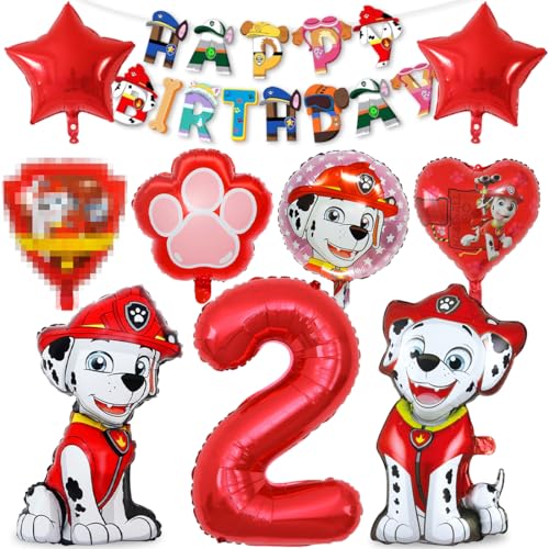 Hund Patrol Geburtstag Deko 2 jahre, 10pcs Paw Dog Sky Luftballon 2 Deko Kindergeburtstag Rot, Ballonheld Folienballon, Happy Birthday Banner für Dog Patrol Party, Helium Ballon Set für Jungen Mädchen von Philoctes