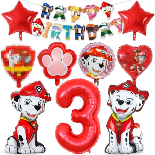 Hund Patrol Geburtstag Deko 3 jahre, 10pcs Paw Dog Sky Luftballon 3 Deko Kindergeburtstag Rot, Ballonheld Folienballon, Happy Birthday Banner für Dog Patrol Party, Helium Ballon Set für Jungen Mädchen von Philoctes