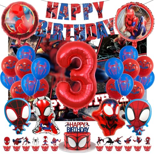 Kindergeburtstag Deko 3 Jahre, Spider Luftballons Geburtstagsdeko Themed Party Set Happy Birthday Banner, Rrunde Charakter Ballon Hintergrunddekoration und Latexballons für Junge und Mädchen von Philoctes