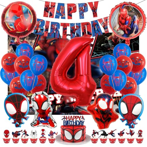 Kindergeburtstag Deko 4 Jahre, Spider Luftballons Geburtstagsdeko Themed Party Set Happy Birthday Banner, Rrunde Charakter Ballon Hintergrunddekoration und Latexballons für Junge und Mädchen von Philoctes