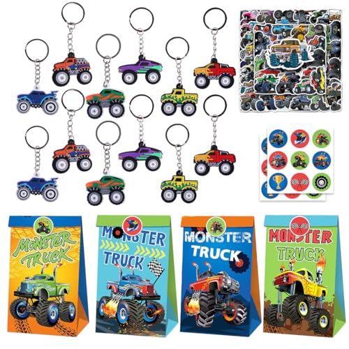 Philoctes 92 Stück Truck Party Mitgebsel Kindergeburtstag Junge Mini Spielzeug, Inklusive Monster Truck Geschenktüten Schlüsselanhänger Aufkleber für Truck Geburtstag Gastgeschenke von Philoctes