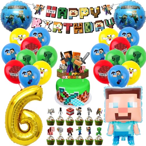 Pixel Kindergeburtstag Deko 6 Jahre, Luftballon 6. Geburtstagsdeko, 41 Stück Miner Gamer Geburtstag Party Deko, Jungen Folienballon Spiel Luftballon Happy Birthday Banner Cupcake Toppers von Philoctes