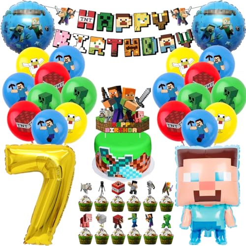 Pixel Kindergeburtstag Deko 7 Jahre, Luftballon 7. Geburtstagsdeko, 41 Stück Miner Gamer Geburtstag Party Deko, Jungen Folienballon Spiel Luftballon Happy Birthday Banner Cupcake Toppers von Philoctes