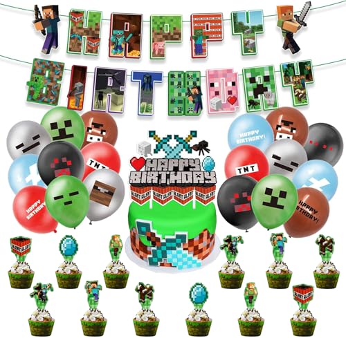 Pixel Luftballon Geburtstagsdeko, 32 Stück Miner Gamer Kindergeburtstag Jungen und Mädchen, Geburtstag Spiel Latex Ballon Cupcake Topper Happy Birthday Banner von Philoctes