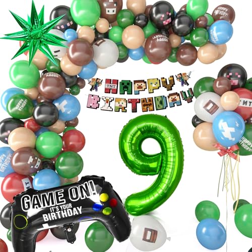 Pixel Luftballon Geburtstagsdeko 9 Jahre, 81 Stück Miner Kindergeburtstag Gamer Party Deko, Happy Birthday Banner Gamer Folienballon Spiel Luftballon Geburtstag Deko für Jungen Kinder von Philoctes