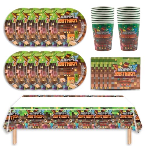 Spiel Partygeschirr Set, 71Pcs Braun Spiel Party Geschirr Geburtstagsdeko, Videospiele Besteck Kindergeburtstag, Pappteller Serviette Becher Teller Tischdecke für Kindergeburtstag Party Supplies von Philoctes