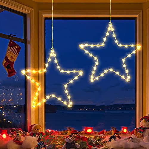 PhilzOps Fenster Weihnachtsbeleuchtung, 2 Stück 40 LED Sterne Weihnachtsbeleuchtung Innen Batterie Fensterlichter Weihnachtsstern Lichterkette für Zimmer Garten Balkon Hochzeit Party Deko, Warmweiß von PhilzOps