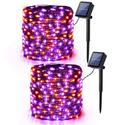 PhilzOps Halloween Deko Lichterkette Orange Lila, 2 Stück 14M 120 LED Kupfer Draht Solar Lichterkette Outdoor Wasserdicht 8 Modi Solarlichterkette Außen für Herbst Erntedankfest Garten Hause Hof von PhilzOps