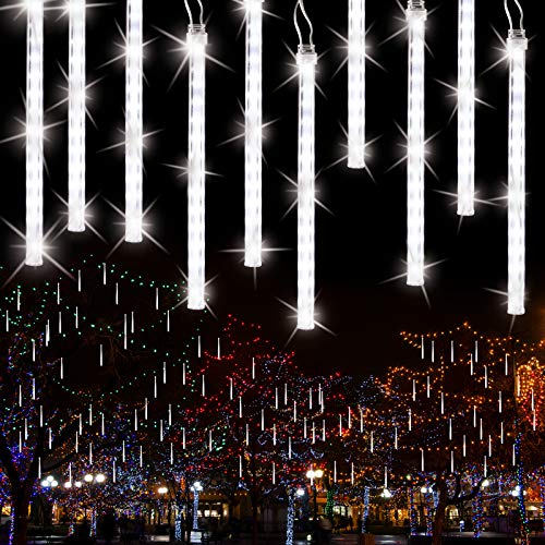 PhilzOps Meteorschauer Regen Lichterketten Aussen, 240 LED Weihnachtsdeko Fallende Regenlichter Outdoor Wasserdicht Schneefall Beleuchtung für Garten Hochzeit Party Baum Balkon 10 Tubes 30cm, Weiß von PhilzOps