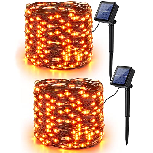 PhilzOps Orange Solar Lichterkette Herbstdeko, 2 Stück 14M 120 LED Halloween Solar Lichterketten Außen 8 Modi Wetterfest Kupfer Draht Lichterkette Aussen für Erntedankfest Garten Baum Hof Party von PhilzOps