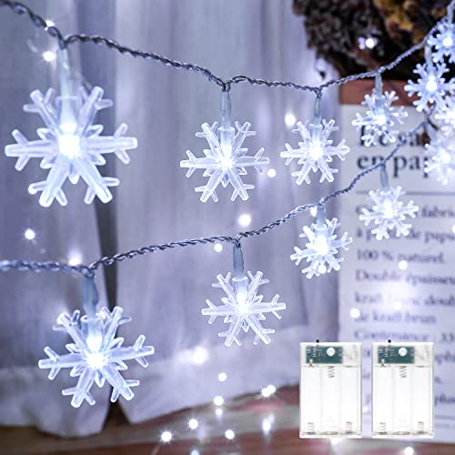 PhilzOps Weihnachten Lichterketten Innen, 2 Stück 40 LED Schneeflocke Lichterkette Auseen Batterie Betriebene Weihnachtsbaum Lichter für Schlafzimmer Indoor Party Zimmer Feier Garten Deko, Kalteweiß von PhilzOps