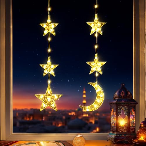 Ramadan Dekoration Lichterkette, PhilzOps 2 Stück Ramadan Fenster Lichter Mond Sterne Fensterlichter Batteriebetrieben mit Timer LED Islam Mubarak lichter für Innen Zimmer Tür Hochzeit Party, Warmweiß von PhilzOps