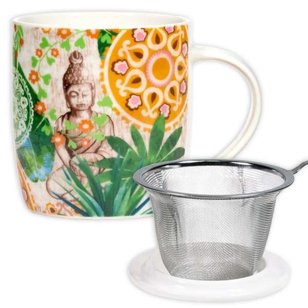 Teetasse "Buddha" mit Deckel und Teesieb, Bone China Porzellan von Phoenix Import