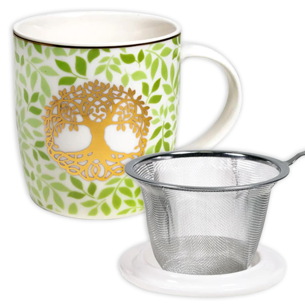 Teetasse "Lebensbaum" mit Deckel und Teesieb, Bone China Porzellan von Phoenix Import