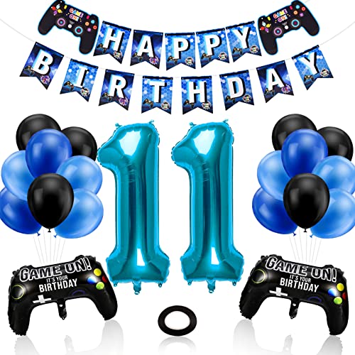 Phoetya Dekorationen zum 11. Geburtstag für Jungen, Gaming-Motto-Geburtstagsparty-Dekorationsset für Gamer, Happy Birthday-Banner, Game-Controller-Luftballons, schwarz-blaue Luftballons für Kinderpart von Phoetya