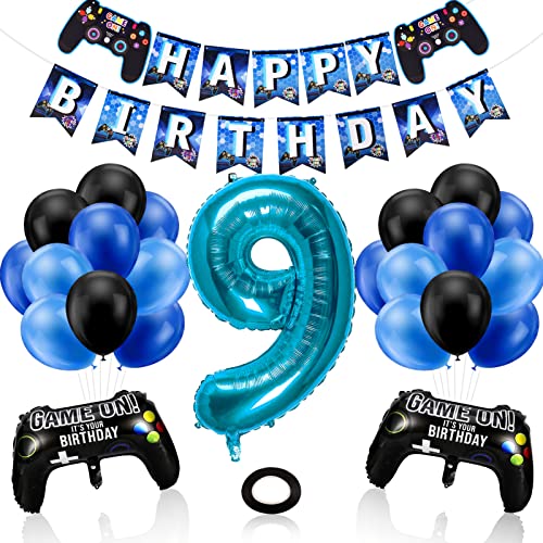 Phoetya Dekorationen zum 9. Geburtstag für Jungen, Gaming-Motto-Geburtstagsparty-Dekorationsset für Gamer, Happy Birthday-Banner, Game-Controller-Luftballons, schwarz-blaue Luftballons für Kinderparty von Phoetya