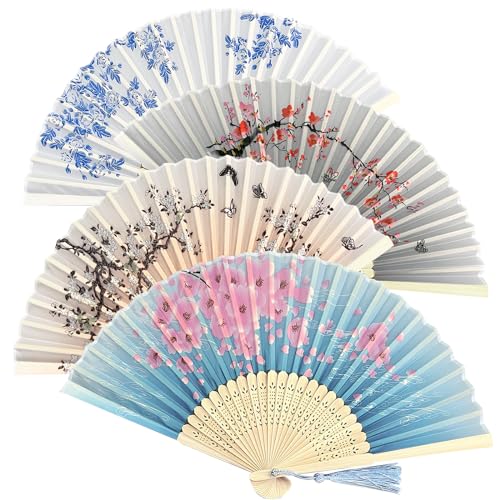 Set of 4 Foldable Bamboo Hand Fans in Chinese Style Hand Fans with Tassels, Perfect for Wall Decoration and Gifts, Folding Fan Wedding Decoration Party von Phomanttonary